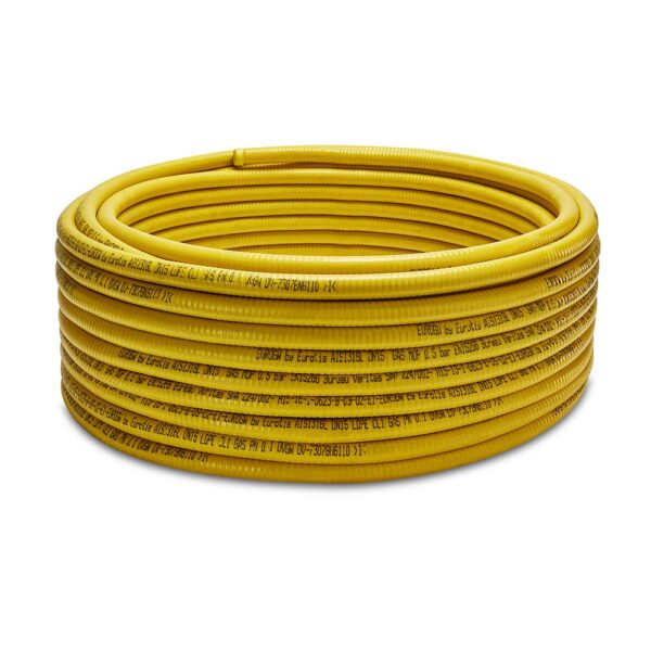 Tubi CSST gas corrugati formabili in acciaio inossidabile AISI 316L con rivestimento protettivo giallo in LDPE a norma EN 15266 per impianti gas. Eurotis