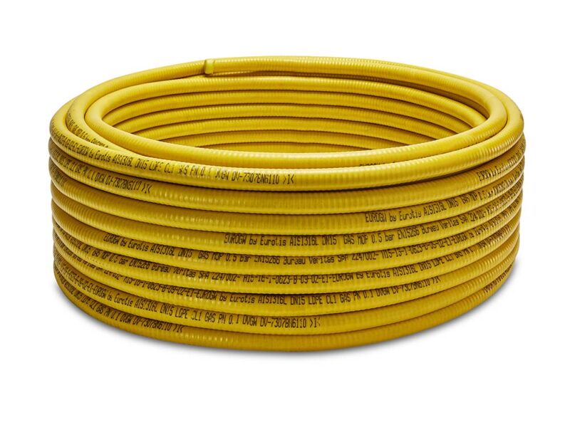 Tubi CSST gas corrugati formabili in acciaio inossidabile AISI 316L con rivestimento protettivo giallo in LDPE a norma EN 15266 per impianti gas. Eurotis